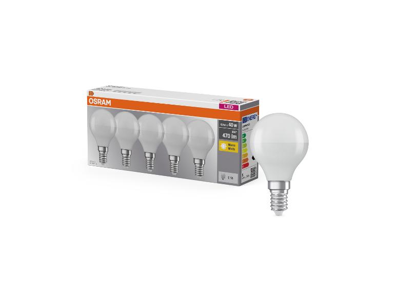 Boîte de cinq ampoules LED et une ampoule LED individuelle, blanc chaud, 4,9W=40W, 470lm, E14.