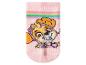 Chaussette enfant rose avec un motif de chiot et des rayures colorées.