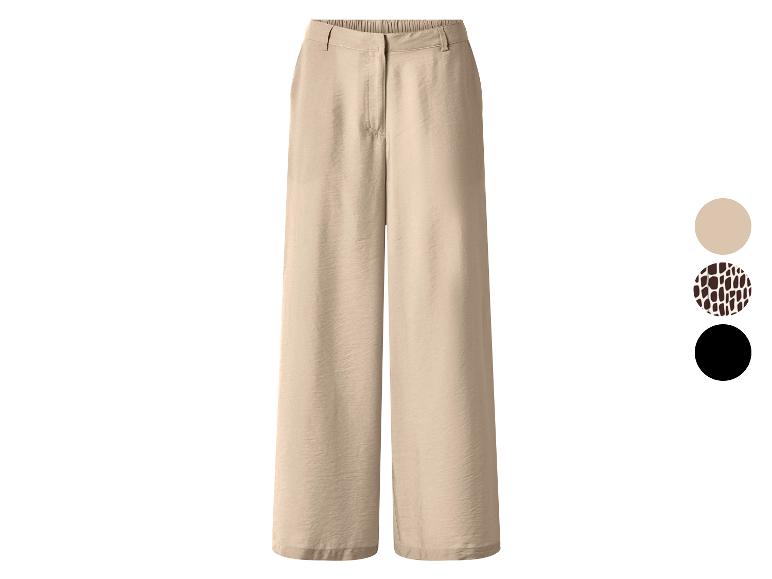 Pantalon large beige avec options de couleur unie, imprimé animal et noir.