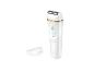 Rasoir féminin rechargeable blanc avec accent doré et capuchon transparent.