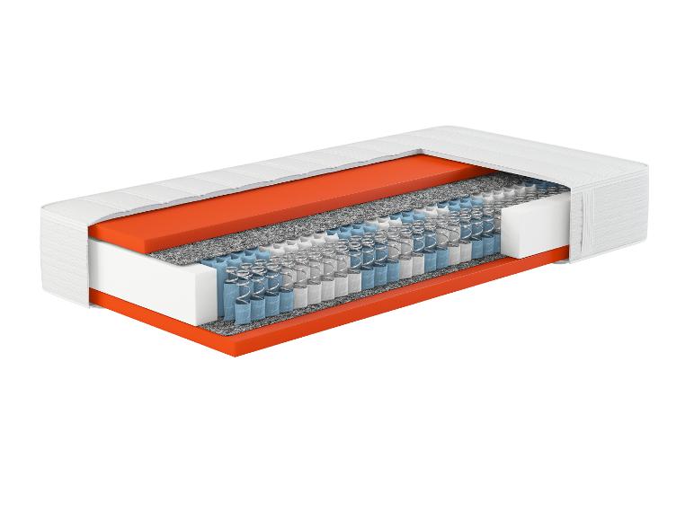 Vue en coupe d'un matelas montrant les couches de mousse, de ressorts et de tissu.