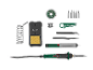 Kit de fer à souder avec diverses pointes, soudure, support, pompe à dessouder et outils.