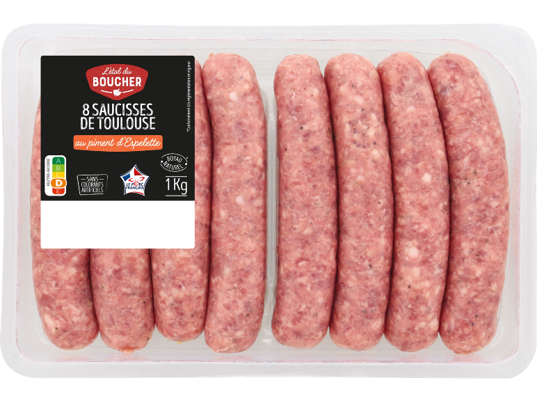 8 saucisses de Toulouse au piment d'Espelette, 1 kg, sans colorants, boyau naturel.