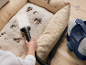 Nettoyeur de tapis portatif éliminant la saleté d'un lit pour animaux.