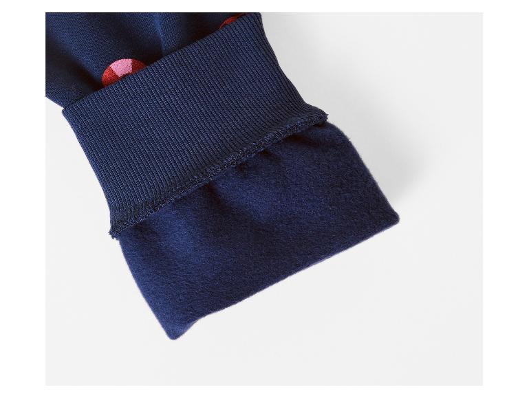 Manchette côtelée bleu marine avec intérieur en polaire, ornée d'un motif rouge et rose