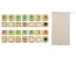 Jeu de mémoire tactile en bois avec des tuiles carrées et un sac de rangement.