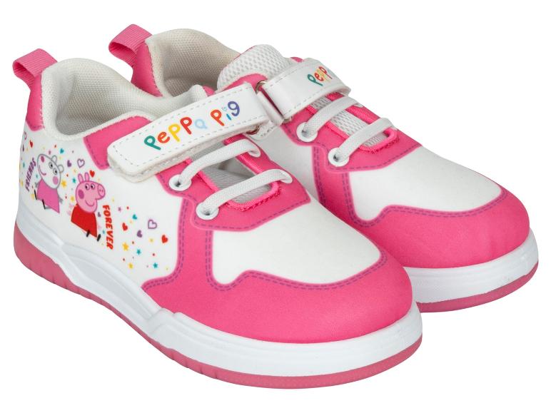 Chaussures pour enfants blanches et roses avec motif de cochon et texte 'Peppa Pig'.