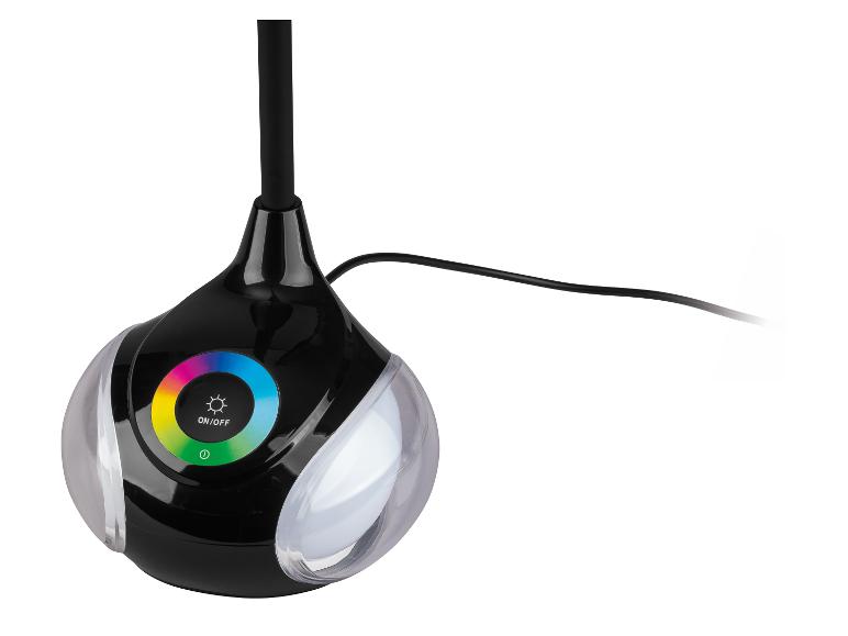 Lampe de table noire avec base ronde, panneau de commande tactile coloré et câble d'alimentation.