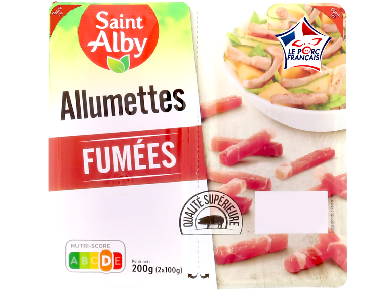 Emballage d'allumettes de jambon fumées avec Nutri-Score D et poids net de 200g.