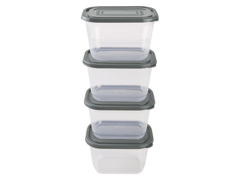 Boîtes de conservation empilables transparentes avec couvercles gris.