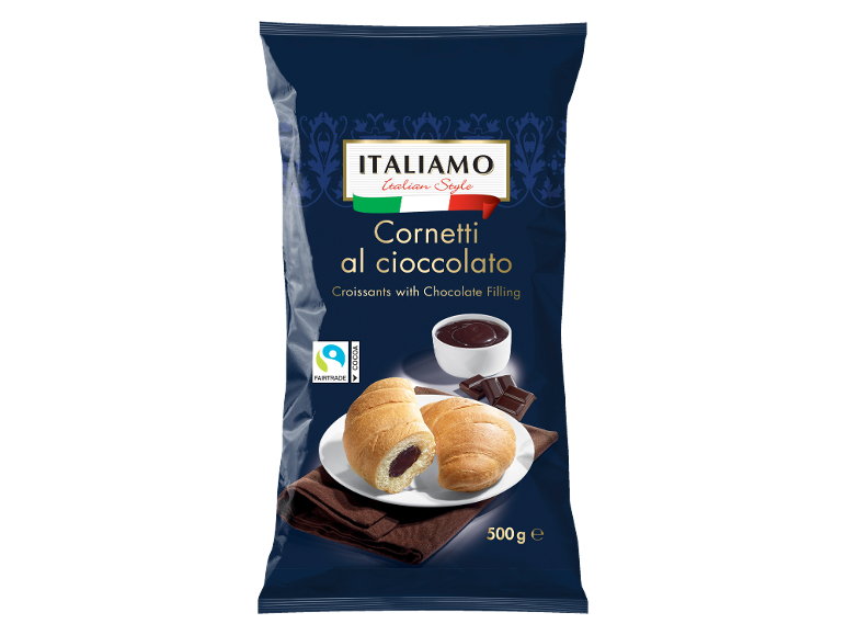 Paquet de croissants fourrés au chocolat, avec une assiette de croissants et de chocolat.