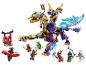 Ensemble LEGO Ninjago avec dragon à deux têtes, figurines ninja et ennemis.