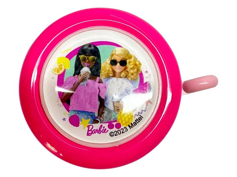Une sonnette de vélo rose avec une image de deux poupées Barbie.