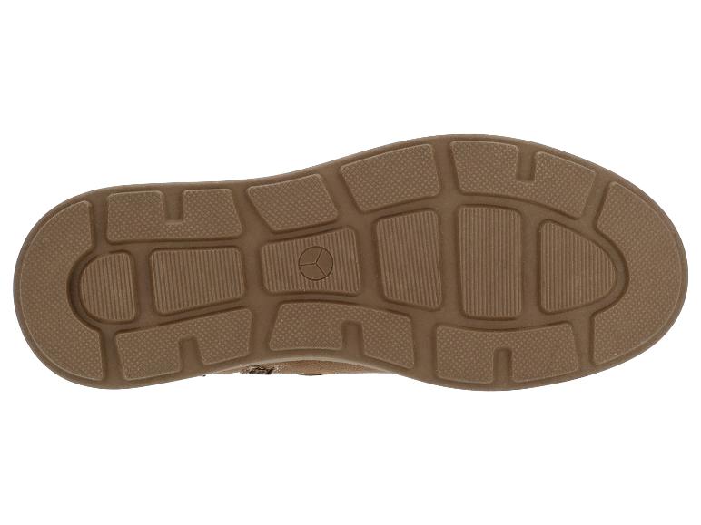 Semelle de chaussure marron avec motif antidérapant et un logo au centre.