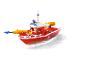 Bateau de pompiers Playmobil naviguant sur l'eau.