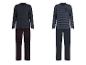 Deux ensembles de pyjamas pour hommes : un avec une chemise bleu marine et un pantalon à carreaux, l'autre avec une chemise rayée et un pantalon bleu marine.