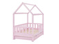 Un lit d'enfant rose avec un design en forme de maison et deux tiroirs.