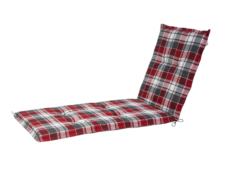 Coussin de chaise longue de jardin rouge et gris à carreaux.