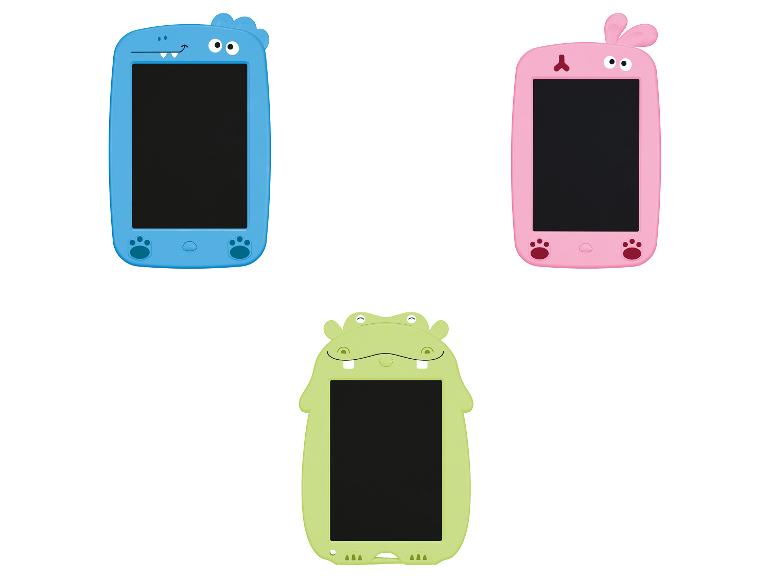 Trois tablettes de dessin colorées pour enfants, bleues, roses et vertes, avec des motifs d'animaux.