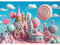 Un château de bonbons féerique entouré de sucettes géantes et de confiseries colorées.