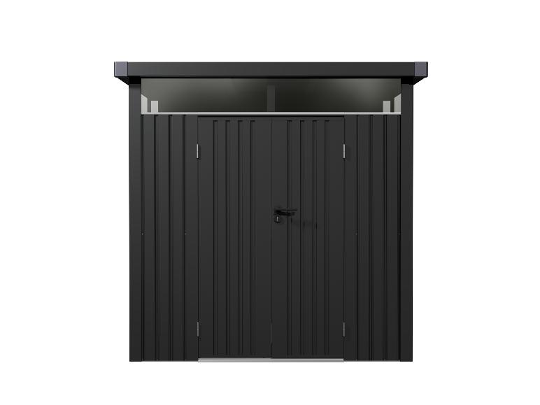 Abri de jardin métallique noir avec double porte et fenêtre supérieure.