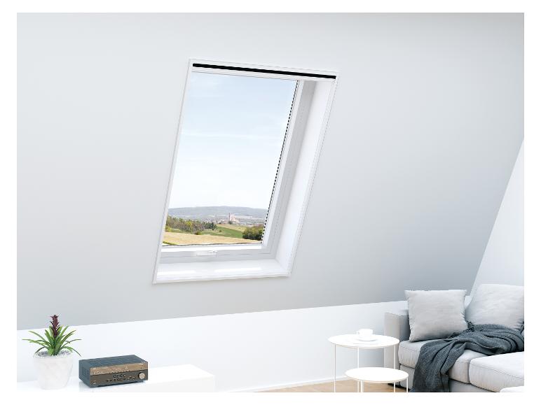 Chambre mansardée avec fenêtre de toit donnant sur un paysage rural, avec un canapé et une plante.