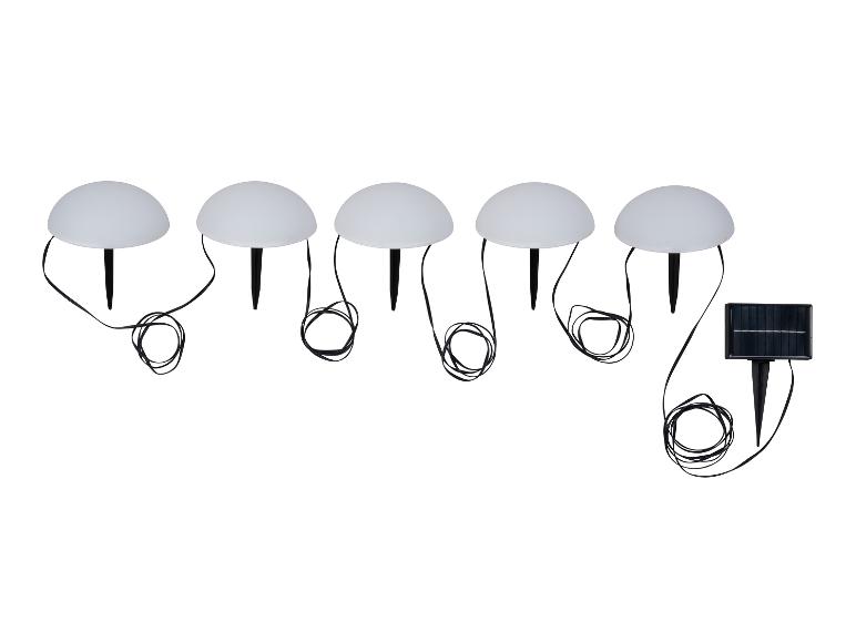 Cinq lampes solaires à piquet blanches et un panneau solaire.