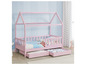 Un lit en bois rose avec un cadre en forme de maison et deux tiroirs.