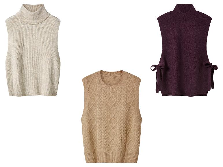 Trois gilets tricotés: beige col roulé, marron torsadé, violet avec liens latéraux.