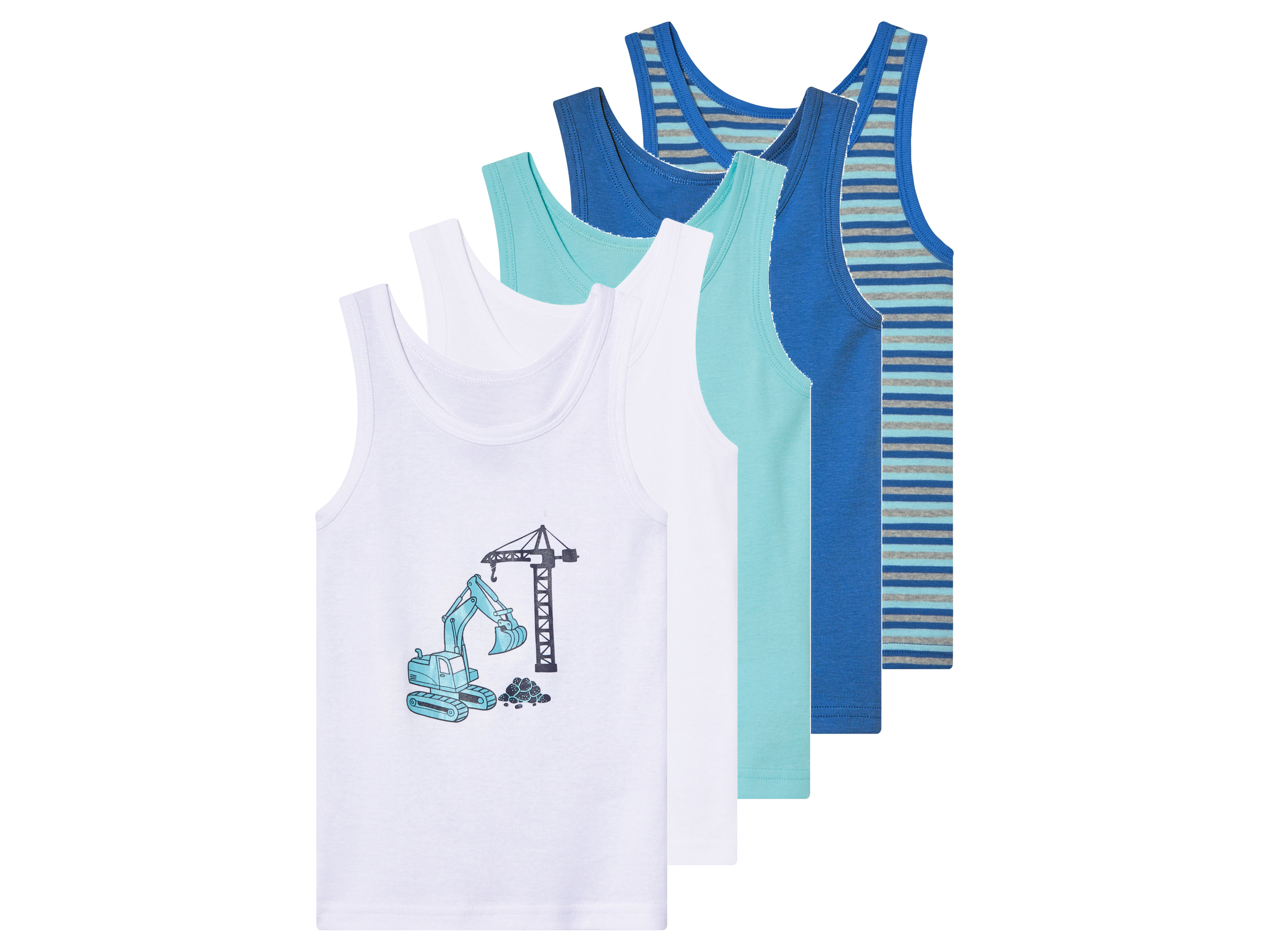 lupilu® Lot de 5 débardeurs petit garçon (bleu imprimé/blanc, 2-4 ans)