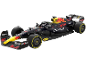 Voiture de course de Formule 1 noire et jaune avec sponsors.