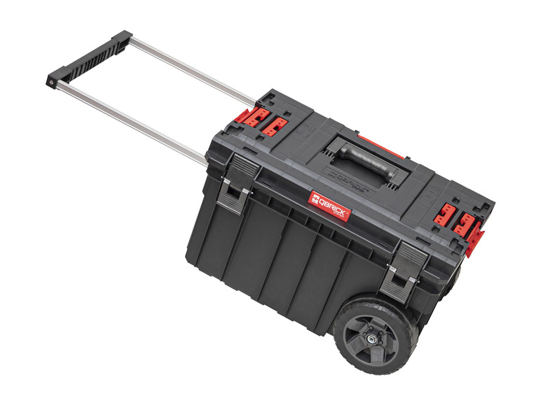Une boîte à outils Qbrick System noire avec des roues.