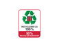 Un symbole de recyclage avec un seau, 100% recyclable, 50% de plastique recyclé.