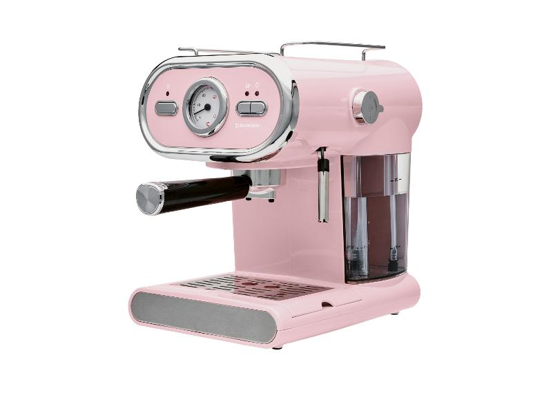 Machine à expresso rose de style rétro avec manomètre et buse vapeur.