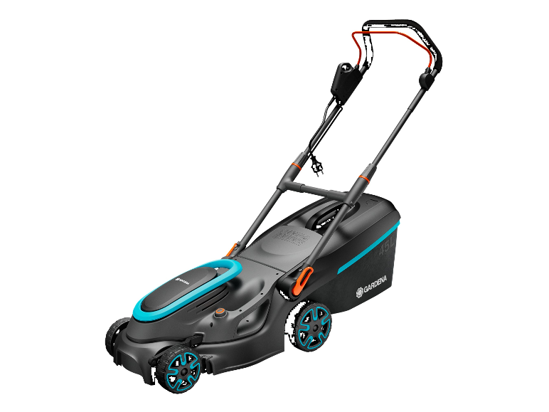 Tondeuse à gazon électrique Gardena 450 : design moderne, bleu et noir.