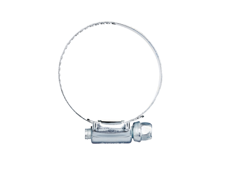 Collier de serrage métallique avec mécanisme à vis sur fond noir.