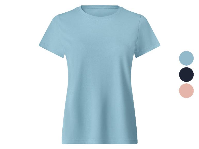 T-shirt bleu clair pour femme à manches courtes et col rond, avec échantillons de couleurs.