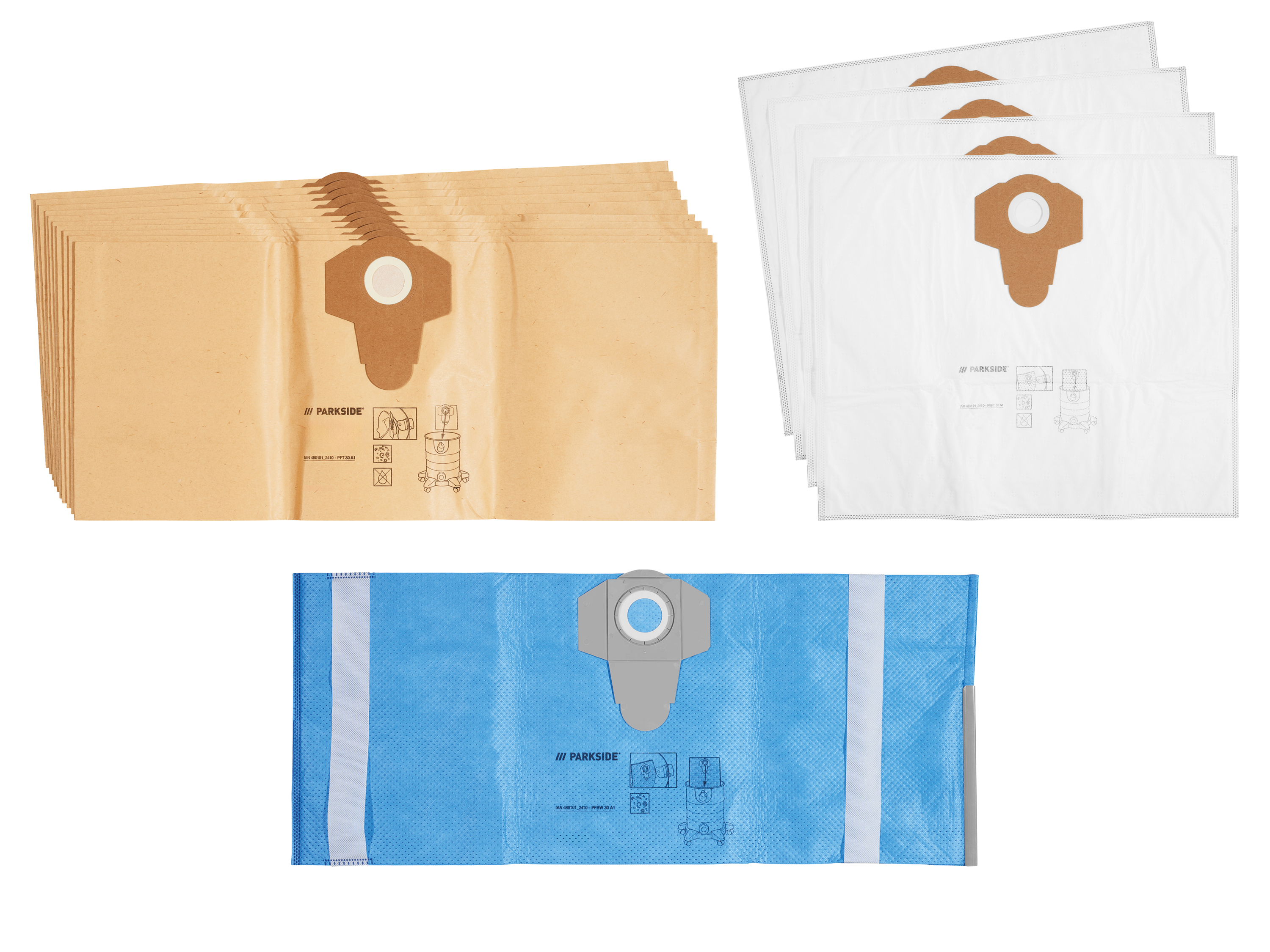 Sacs d'aspirateur Parkside : bruns, blancs et bleus.