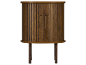 Meuble en bois foncé avec portes à tambour et poignées sculptées, sur pieds effilés.