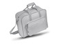 Un sac de voyage gris avec une bandoulière et une petite poche avant.
