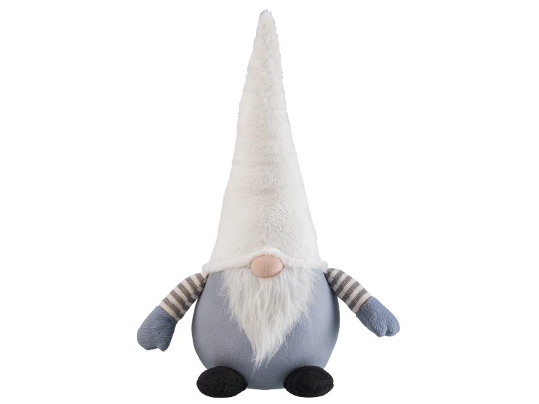 Gnome décoratif en tissu avec un chapeau blanc, une barbe blanche et un corps bleu clair.