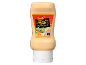 Bouteille de sauce peri-peri douce avec une étiquette montrant une salade et un bol de sauce, 255g.