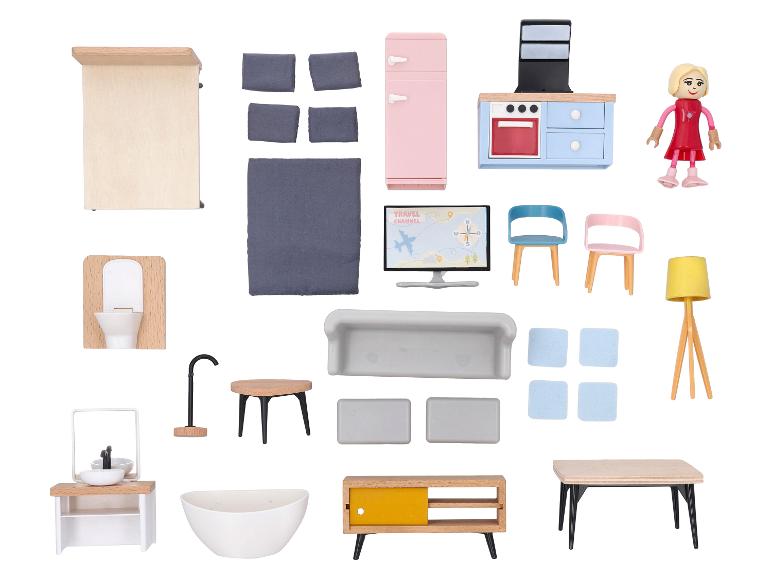 Ensemble de meubles en bois pour maison de poupée, incluant lit, cuisine, salle de bain et salon.