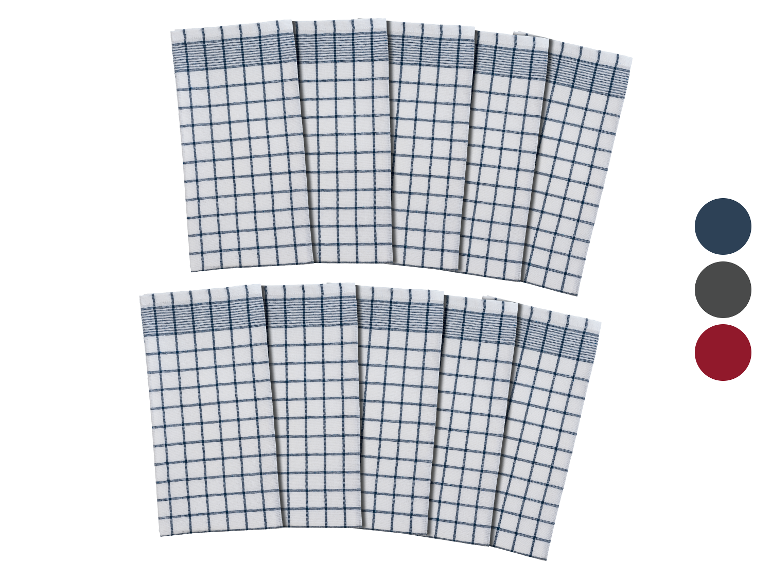 Dix torchons de cuisine à carreaux bleus.