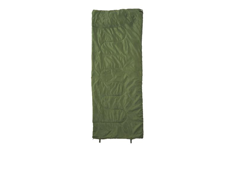 Sac de couchage vert avec un design matelassé, isolé sur fond blanc.