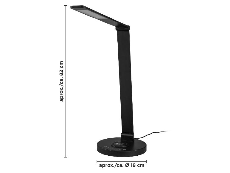 Lampe de bureau LED noire avec chargement sans fil, 82 cm de hauteur, 18 cm de diamètre de base.