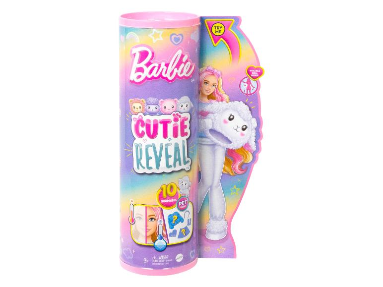 Barbie Cutie Reveal avec 10 surprises, y compris une poupée articulée et un animal de compagnie.