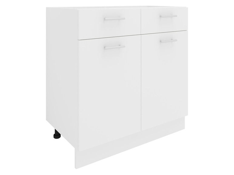 Armoire de cuisine blanche avec deux portes et deux tiroirs.