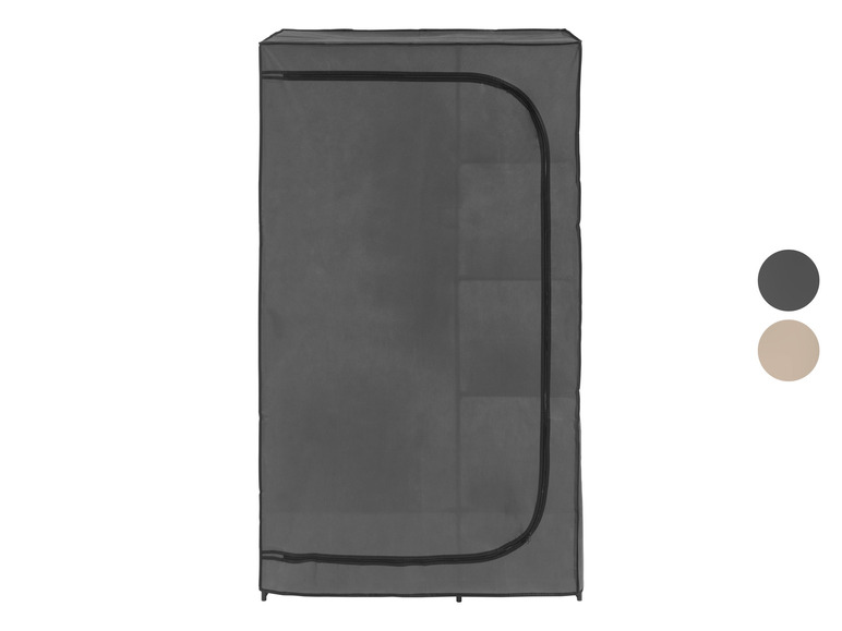 Une armoire en tissu gris avec une fermeture éclair et une structure métallique.