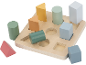 Jeu d'encastrement en bois avec des formes géométriques colorées.